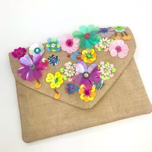 Boutique Multicolor 3D Spring Floral Embellished Burlap Clutch Purse
